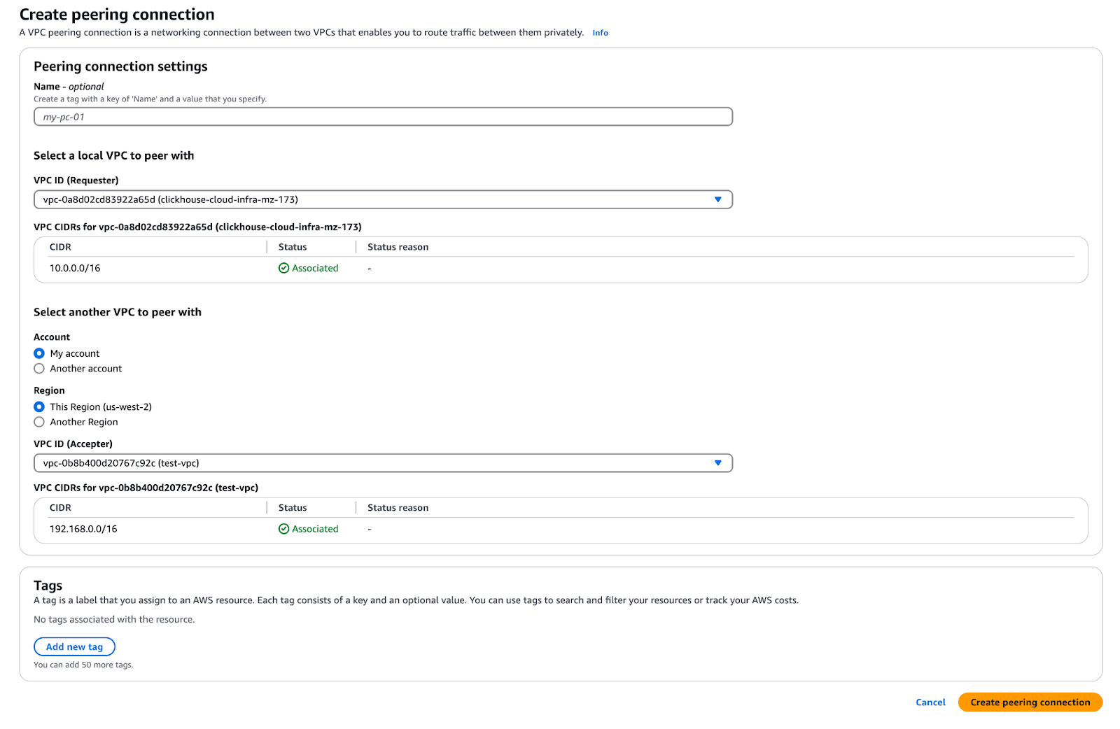 BYOC Создание Peering Connection
