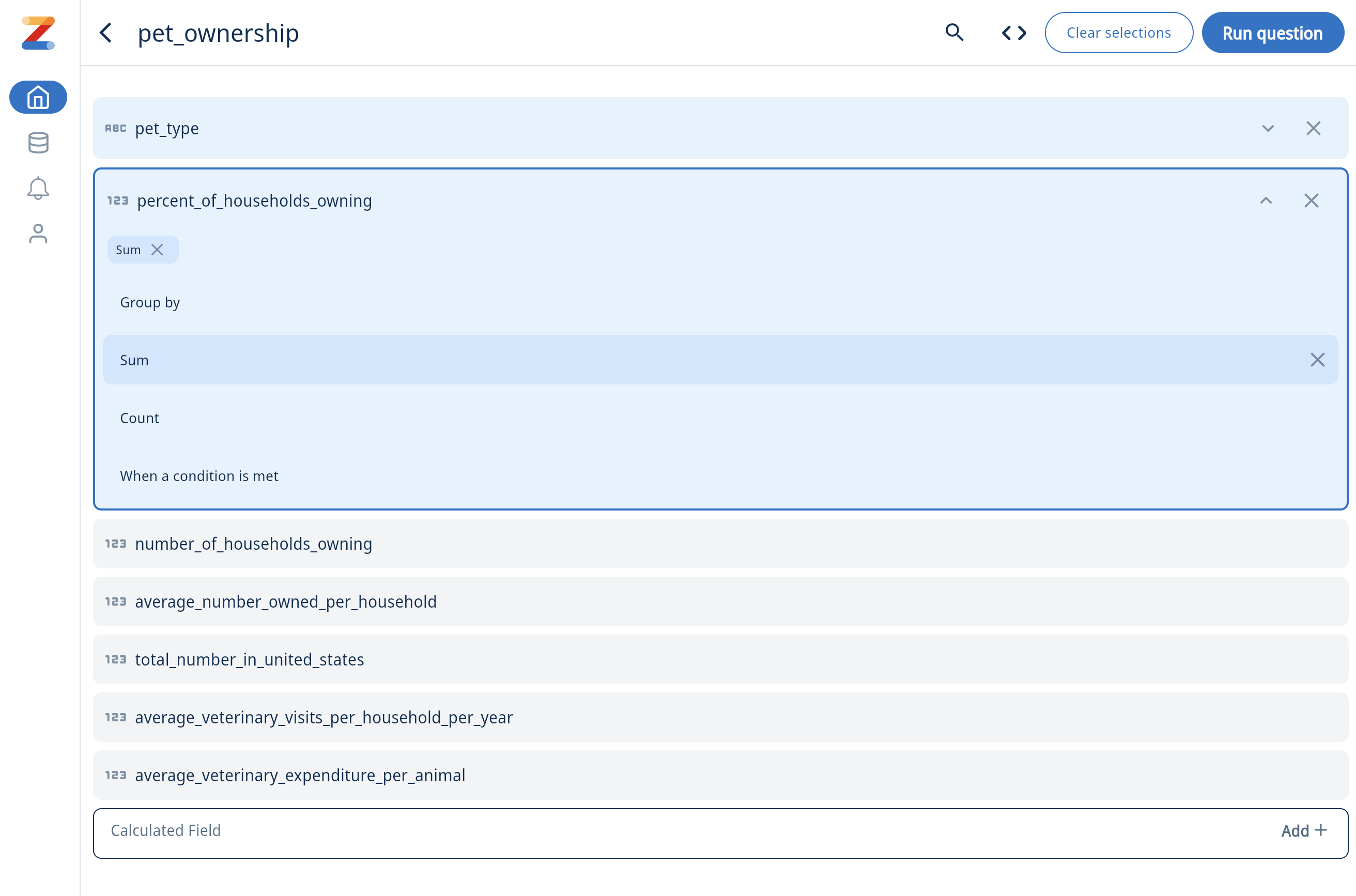 Интерфейс визуального конструктора запросов Zing Data с выбором полей и параметрами агрегации